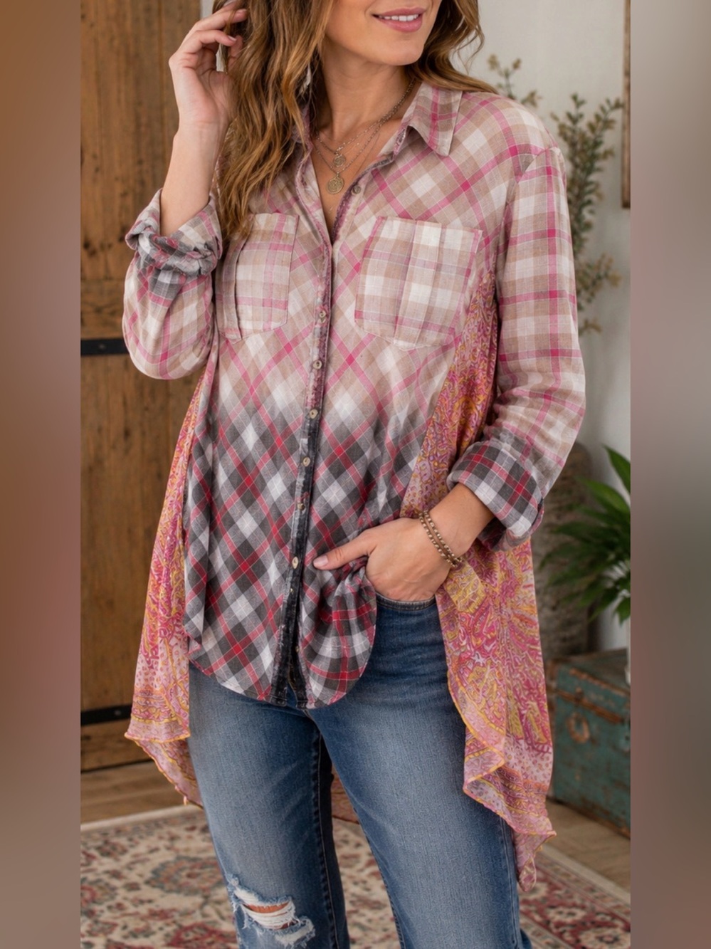 Aratta Silent Journey Mandala Plaid Paisley Mixed Print Flannel Tunic L